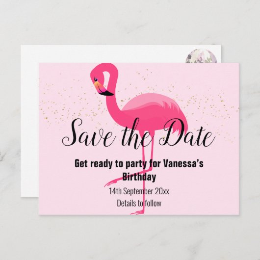 FLAMINGOピンク日付を保存 案内ポストカード (正面/裏面)