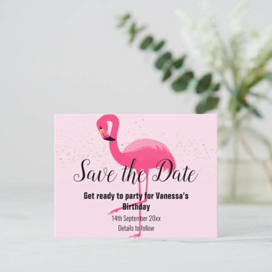 FLAMINGOピンク日付を保存 案内ポストカード (スタンド正面)