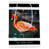 Flamingo白黒ストライプスクリプト名モダン ミディアムペーパーバッグ (正面)