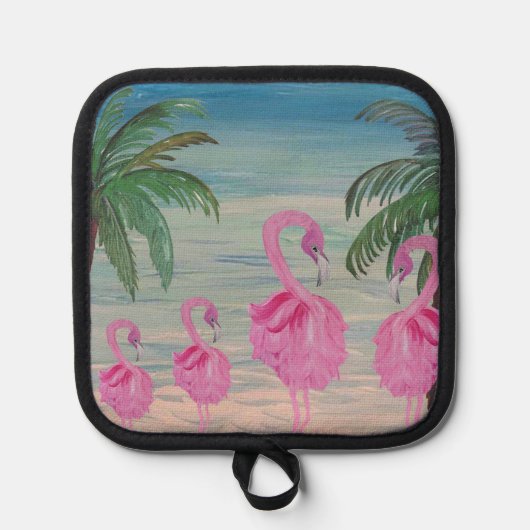 Flamingo and palm tree kitchen pot holder 鍋敷き (正面)