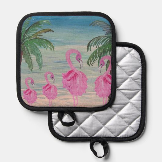 Flamingo and palm tree kitchen pot holder 鍋敷き (正面/裏面)