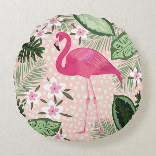 Flamingo and palm trees seamless pattern illustrat ラウンドクッション (正面)