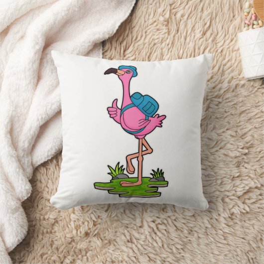 Flamingo as Hiker with Backpack クッション (ブランケット)