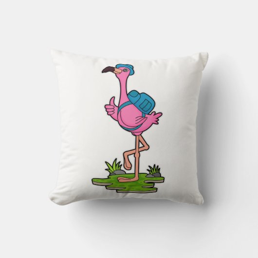 Flamingo as Hiker with Backpack クッション (正面)