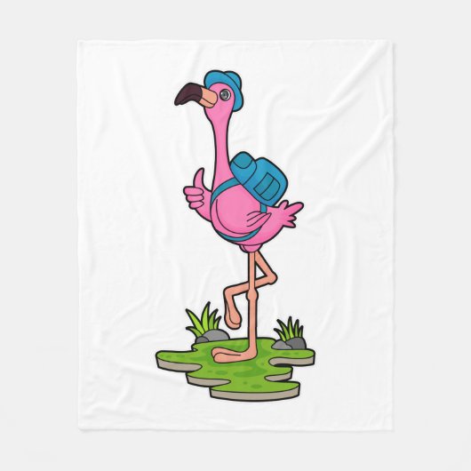 Flamingo as Hiker with Backpack フリースブランケット (正面)