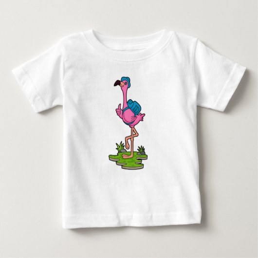 Flamingo as Hiker with Backpack ベビーTシャツ (正面)