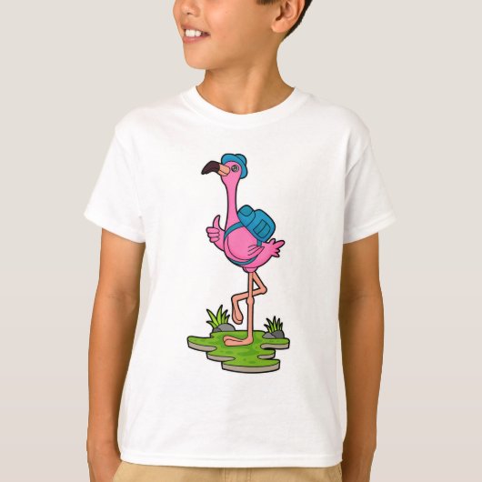 Flamingo as Hiker with Backpack Tシャツ (正面)