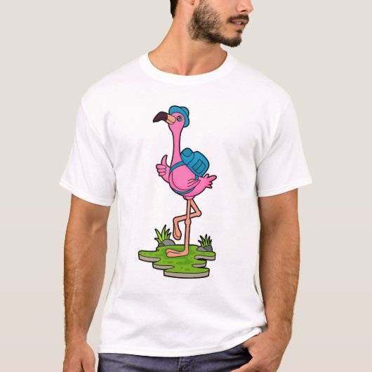 Flamingo as Hiker with Backpack Tシャツ (正面)