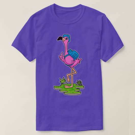 Flamingo as Hiker with Backpack Tシャツ (デザイン正面)