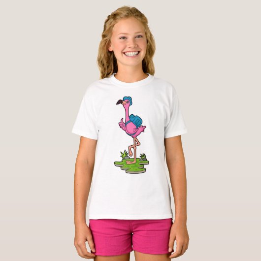 Flamingo as Hiker with Backpack Tシャツ (正面フル)