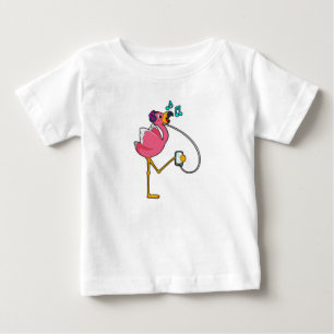 Flamingo at Music with Headphone ベビーTシャツ
