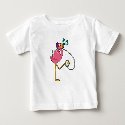 Flamingo at Music with Headphone ベビーTシャツ (正面)