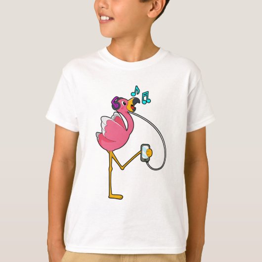 Flamingo at Music with Headphone Tシャツ (正面)