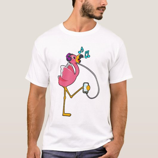 Flamingo at Music with Headphone Tシャツ (正面)