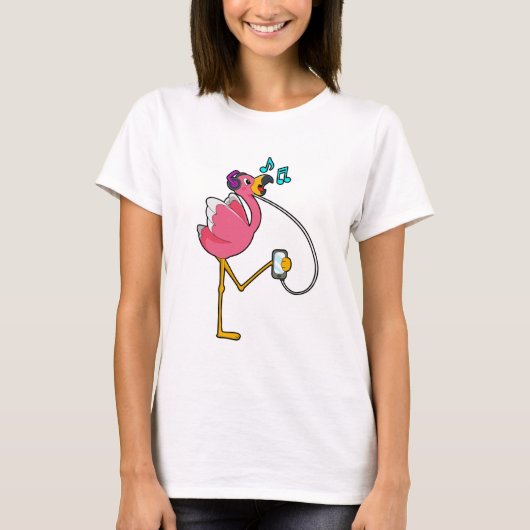 Flamingo at Music with Headphone Tシャツ (正面)