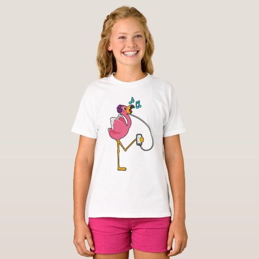 Flamingo at Music with Headphone Tシャツ (正面フル)