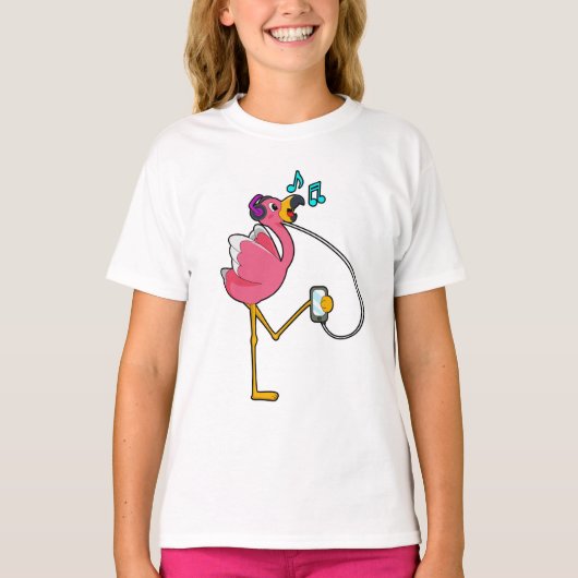 Flamingo at Music with Headphone Tシャツ (正面)