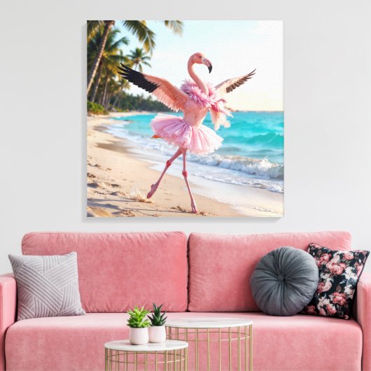 Flamingo Ballerina In a Pink Tutu On the Beach キャンバスプリント (インサイチュ (リビング))