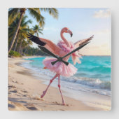 Flamingo Ballerina In a Pink Tutu On the Beach スクエア壁時計 (正面)