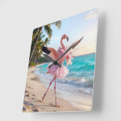 Flamingo Ballerina In a Pink Tutu On the Beach スクエア壁時計 (傾斜)