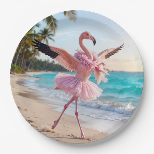 Flamingo Ballerina In a Pink Tutu On the Beach ペーパープレート (正面)