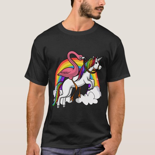 Flamingo Bird Riding Unicorn Tシャツ (正面)