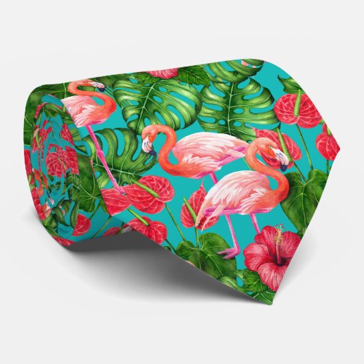 Flamingo birds and tropical garden watercolor ネクタイ (ロール)