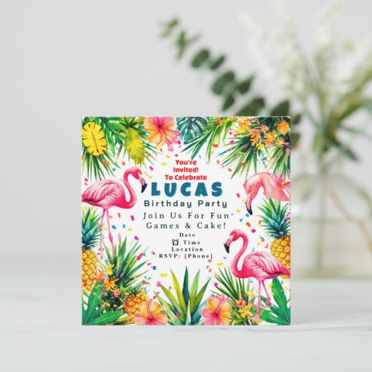 Flamingo Birthday Invitation – Personalized Kids 招待状 (スタンド正面)