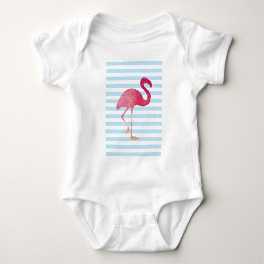 Flamingo, blue and white stripes ベビーボディスーツ (正面)