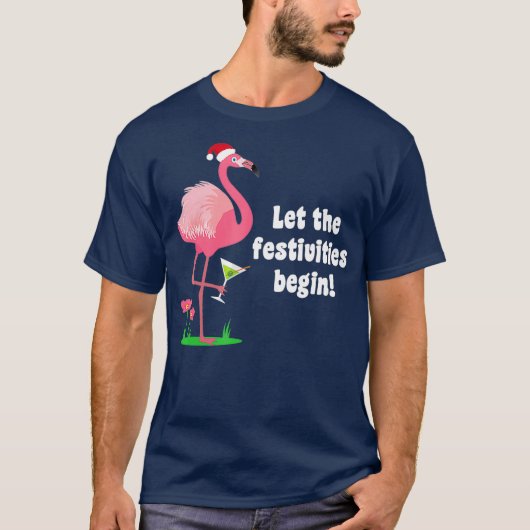 Flamingo Christmas Bird w Martini Glass おもしろい Tシャツ (正面)