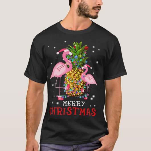 Flamingo Christmas Tree Pineapple Xmas Light Tシャツ (正面)