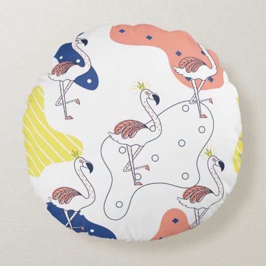 Flamingo Crown:抽象芸術ヴィンテージシームレス。 ラウンドクッション (正面)