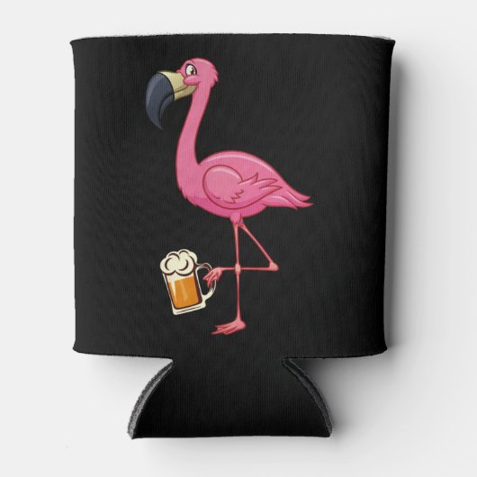 Flamingo Drinking Beer - Funny Pink Flamingo 缶クーラー (正面)