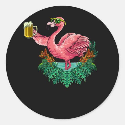 Flamingo Drinking Beer Party ラウンドシール (正面)