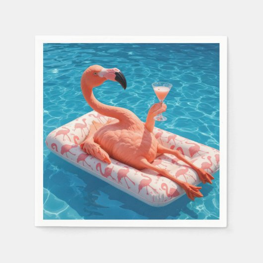 Flamingo Floating With a Cocktail In a Pool スタンダードカクテルナプキン (正面)