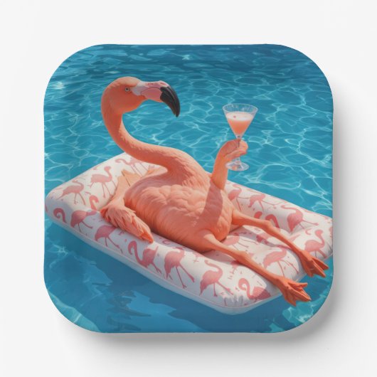 Flamingo Floating With a Cocktail In a Pool ペーパープレート (正面)