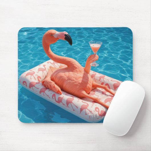 Flamingo Floating With a Cocktail In a Pool マウスパッド (マウス)