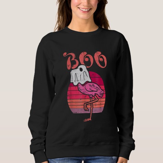 Flamingo Ghost Boo Pink Sunset Retro Halloween Bir スウェットシャツ (正面)