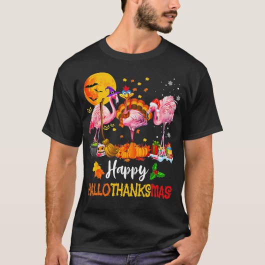 Flamingo Happy HalloThanksMas Halloween Thanksgivi Tシャツ (正面)