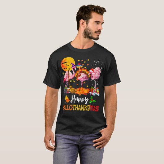 Flamingo Happy HalloThanksMas Halloween Thanksgivi Tシャツ (正面フル)