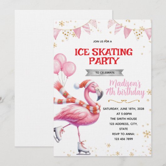 Flamingo Ice Skating invitation 招待状 (正面/裏面)