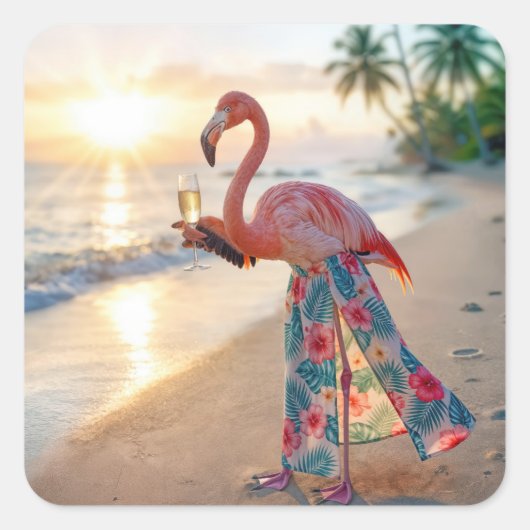 Flamingo In a Skirt Holding a Champagne Flute スクエアシール (正面)