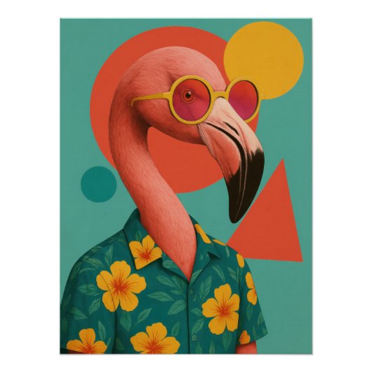 Flamingo in Hawaiian Shirt Poster - Retro Summer ポスター (正面)