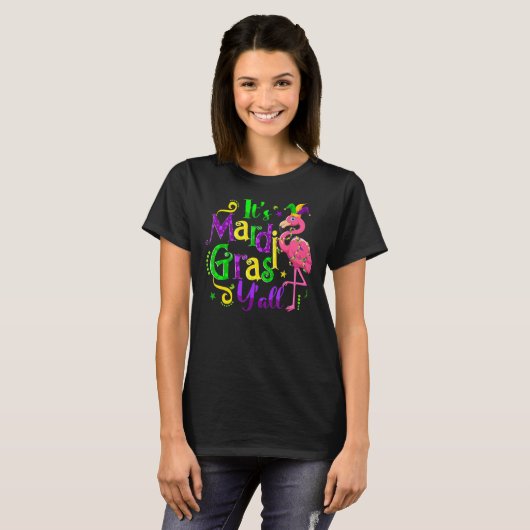 Flamingo It's Mardi Gras Y'all Jester Hat Mask Bea Tシャツ (正面フル)