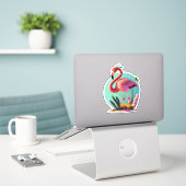 Flamingo LaptopおよびPhoneスタンプ シール (デスク上のノートパソコン)