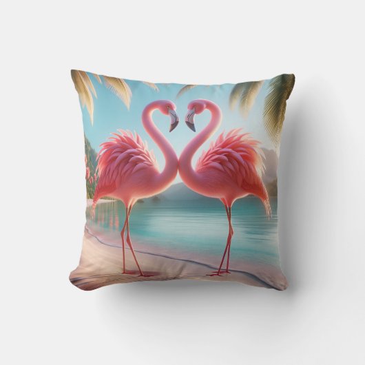 Flamingo Love Tropical Coastal Throw Pillow クッション (正面)