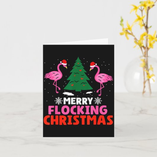 Flamingo Merry Flocking Christmas Funny Xmas Men W カード (黄色い花)