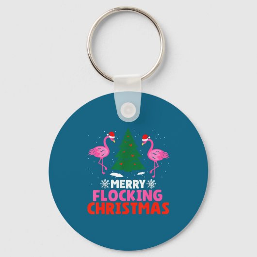 Flamingo Merry Flocking Christmas Funny Xmas Men W キーホルダー (正面)