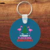 Flamingo Merry Flocking Christmas Funny Xmas Men W キーホルダー (正面)