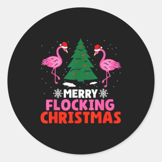 Flamingo Merry Flocking Christmas Funny Xmas Men W ラウンドシール (正面)
